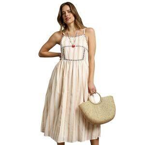Umgee - Boho Striped Midi Dress Cotton Embroidered Spaghetti Strap Sz L - NWT